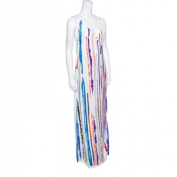 Pre Owned Emilio Pucci White Striped Pleated Tie Detail Maxi Dress S