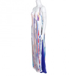 Pre Owned Emilio Pucci White Striped Pleated Tie Detail Maxi Dress S