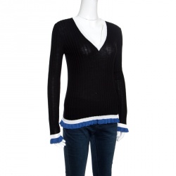 Pre Owned Emilio Pucci Black Ribbed Knit Contrast Ruffled Trim V-Neck Sweater M
