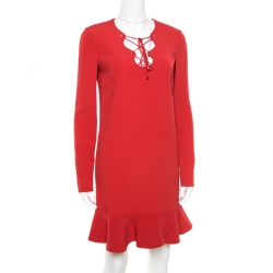 Pre Owned Emilio Pucci Red Tie-Up Detail Cady Flounce Dress S