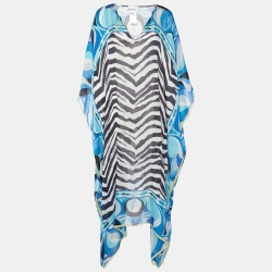 Blue Animal Print Silk Sheer Kaftan Dress One