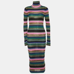 Multicolor Striped Lurex Knit Turtleneck Dress