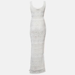 Pre Owned Emilio Pucci White Patterned Crochet Tie-Up Detail Maxi Dress M