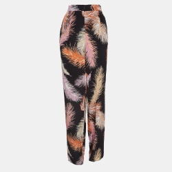 Pre Owned Emilio Pucci Black Feather Printed Silk Trouser S