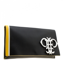 Pre Owned Emilio Pucci Black Leather Oversize Logo Clutch