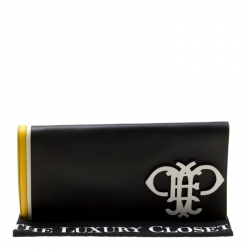 Pre Owned Emilio Pucci Black Leather Oversize Logo Clutch
