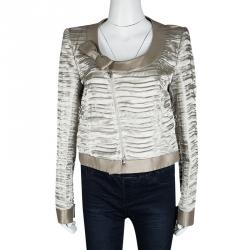 Pre Owned Emporio Armani Beige Pleated Textured Satin Bow Detail Cropped Zip Front Jacket L