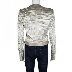 Pre Owned Emporio Armani Beige Pleated Textured Satin Bow Detail Cropped Zip Front Jacket L