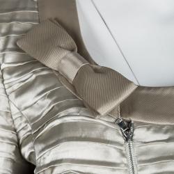 Pre Owned Emporio Armani Beige Pleated Textured Satin Bow Detail Cropped Zip Front Jacket L