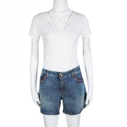 Pre Owned Emporio Armani Indigo Faded Effect Embroidered Pocket Trim Detail Denim Shorts M