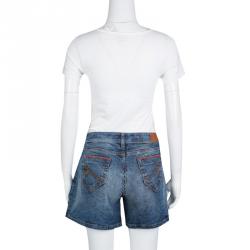 Pre Owned Emporio Armani Indigo Faded Effect Embroidered Pocket Trim Detail Denim Shorts M