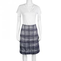 Pre Owned Emporio Armani Navy Blue and Grey Checkered Jacquard Pencil Skirt S