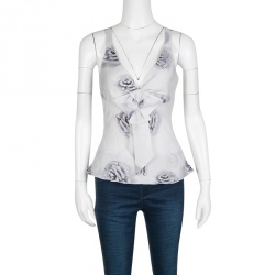 Pre Owned Emporio Armani Grey Rose Print Bow Detail Sleeveless Silk Top S