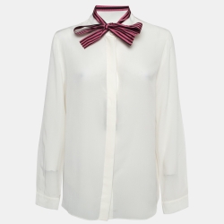 Pre Owned Emporio Armani Off white Silk Tie-Up Neck Shirt L