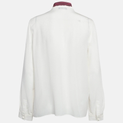 Pre Owned Emporio Armani Off white Silk Tie-Up Neck Shirt L