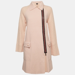 Pink Contrast Zipper Wool Mid-Length Coat