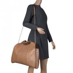 Emporio Armani Light Brown Croc Embossed Leather Satchel