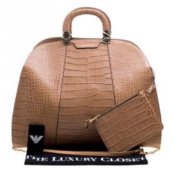 Emporio Armani Light Brown Croc Embossed Leather Satchel