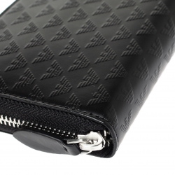 Pre Owned Emporio Armani Black Logo Embossed Leather Zip Around Wallet