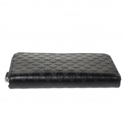 Pre Owned Emporio Armani Black Logo Embossed Leather Zip Around Wallet