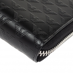 Pre Owned Emporio Armani Black Logo Embossed Leather Zip Around Wallet