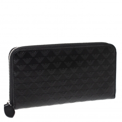 Pre Owned Emporio Armani Black Logo Embossed Leather Zip Around Wallet