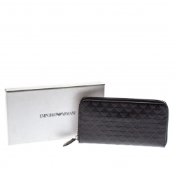 Pre Owned Emporio Armani Black Logo Embossed Leather Zip Around Wallet