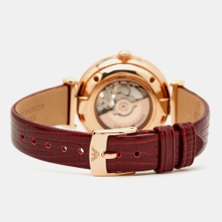 Pre Owned Emporio Armani Silver Rose Gold Plated Stainless Steel Leather Meccanico AR60044 Women's Wristwatch 34 mm 