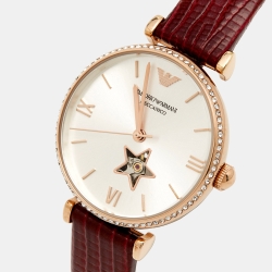 Emporio Armani Silver Rose Gold Plated Stainless Steel Leather Meccanico AR60044 Women's Wristwatch 34 mm 