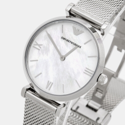 Pre Owned Emporio Armani Mother Of Pearl Stainless Steel T-Bar AR1955 Women's Wristwatch 32 mm