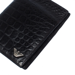 Pre Owned Emporio Armani Dark Brown Croc Embossed Leather Eagle Bi Fold Wallet