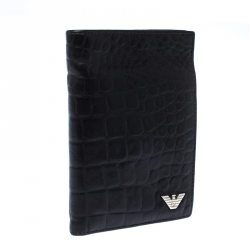 Pre Owned Emporio Armani Dark Brown Croc Embossed Leather Eagle Bi Fold Wallet