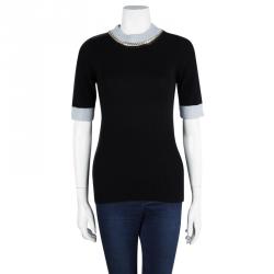 Pre Owned Emporio Armani Black Wool Contrast Ribbed Trim Neck Embellished Sweater M