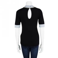 Pre Owned Emporio Armani Black Wool Contrast Ribbed Trim Neck Embellished Sweater M