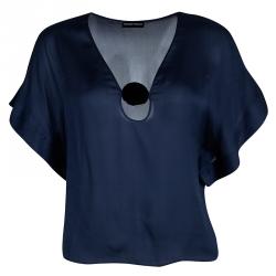 Pre Owned Emporio Armani Navy Blue Silk Contrast Buckle Detail Sheer Top S