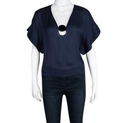 Pre Owned Emporio Armani Navy Blue Silk Contrast Buckle Detail Sheer Top S