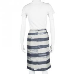 Pre Owned Emporio Armani Grey and Blue Striped Draped Silk Skirt L