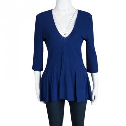 Pre Owned Emporio Armani Blue Ribbed Knit Flared Bottom Long Sleeve Top L