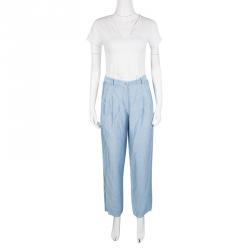 Pre Owned Emporio Armani Blue Linen High Waist Pants S