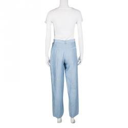 Pre Owned Emporio Armani Blue Linen High Waist Pants S