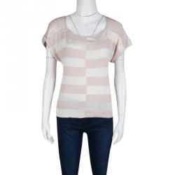 Pre Owned Emporio Armani Blush Pink and Cream Broken Block Striped Knit Top S