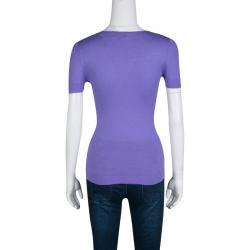 Pre Owned Emporio Armani Lavender Knit Rose Applique Detail Short Sleeve Fitted Top S