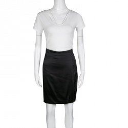 Pre Owned Emporio Armani Black Satin Twist Hem Detail Pencil Skirt S