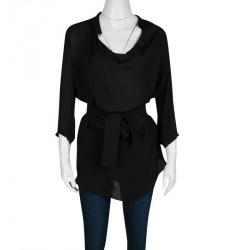 Pre Owned Emporio Armani Black Silk Draped Front Belted Blouse S
