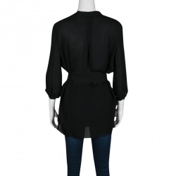 Pre Owned Emporio Armani Black Silk Draped Front Belted Blouse S