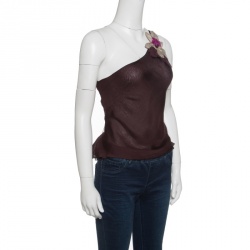 Pre Owned Emporio Armani Burgundy Floral Applique Tie Detail One Shoulder Top S