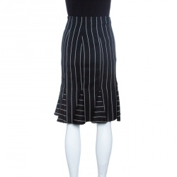 Pre Owned Emporio Armani Striped Monochrome Wool Godet Skirt M
