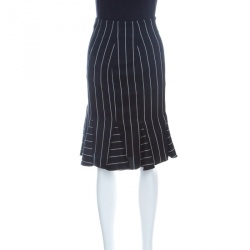 Pre Owned Emporio Armani Striped Monochrome Wool Godet Skirt M