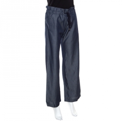 Pre Owned Emporio Armani Navy Blue Chambray Wide Leg Paperbag Pants S