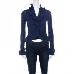 Pre Owned Emporio Armani Blue Patterned Knit Ruffled Long Sleeve Shrug S